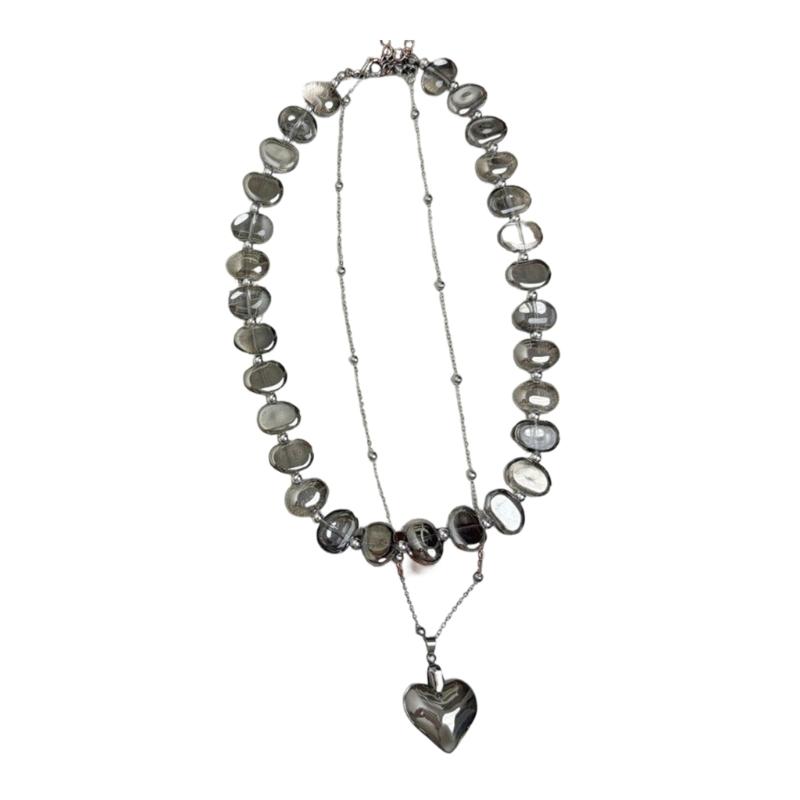 

Artistic Double Layer Beaded Necklace Retro Irregular Heart Charm Fashion Jewelry Accessory For Casual Outfit серый