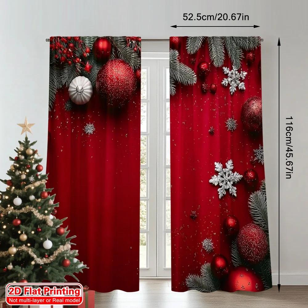 Set Of 2 Flat Printing Fashionable Christmas Curtains Pine Branches Snowflakes Digital Printed Polyester Drapes Spring Curtain