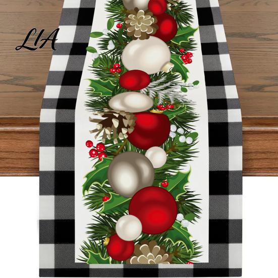 Dining Table Runner Christmas Runner, Xmas Tree Ball Reindeer Print Seasonal Accessories Tablecloth, Winter Holiday Party Decoration Coffee