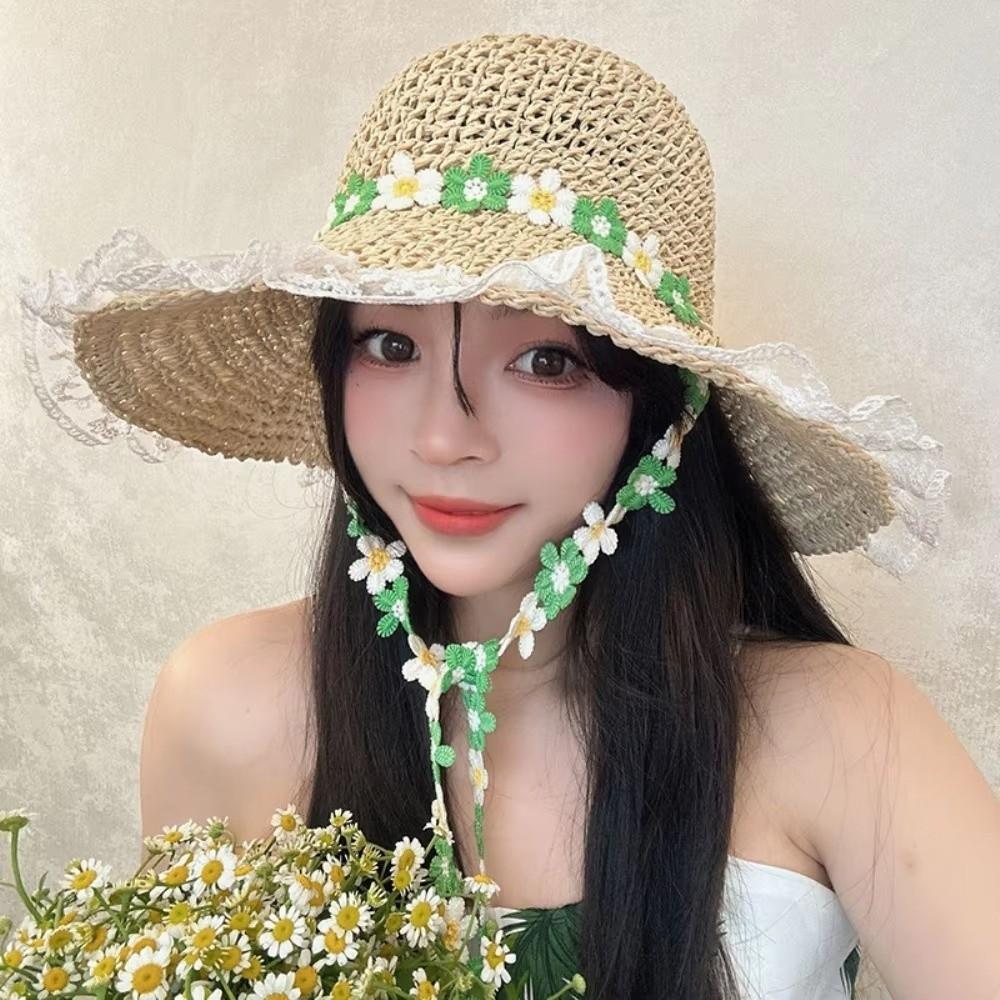 Breathable Flower Straw Hat Lace Trim Beach Hat Women Visor Bucket Hat  Seaside Vacation