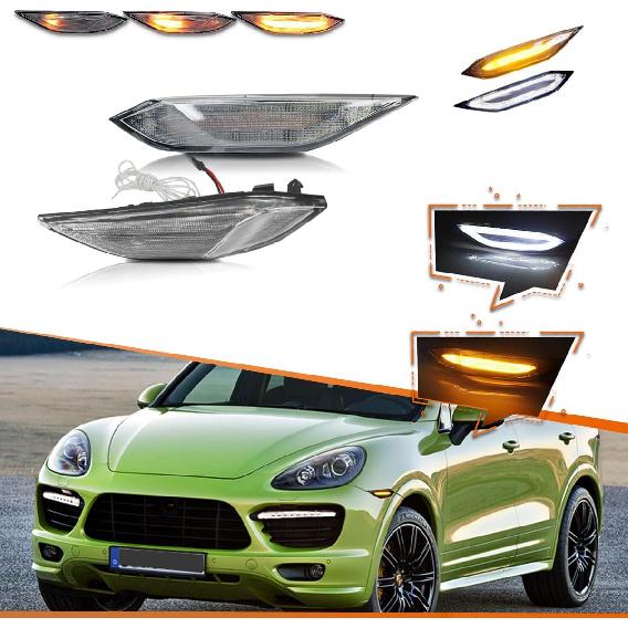 ADIIL For 2011-2014 Porsche Cayenne 958 Clear Lens Sequential LED Side Marker Signal Lights Front Fender Side Marker Lamps Clear Lens Amber & White