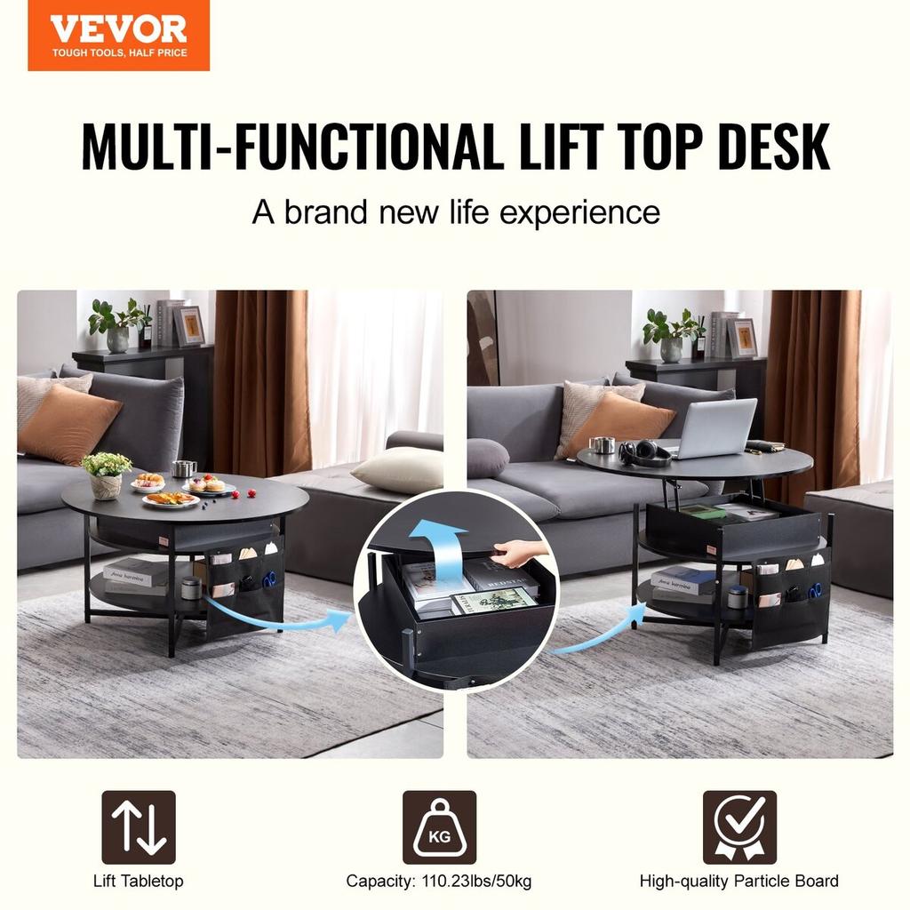 Lift Top Coffee Table 35.3" Round Coffee Table for Living Room Black