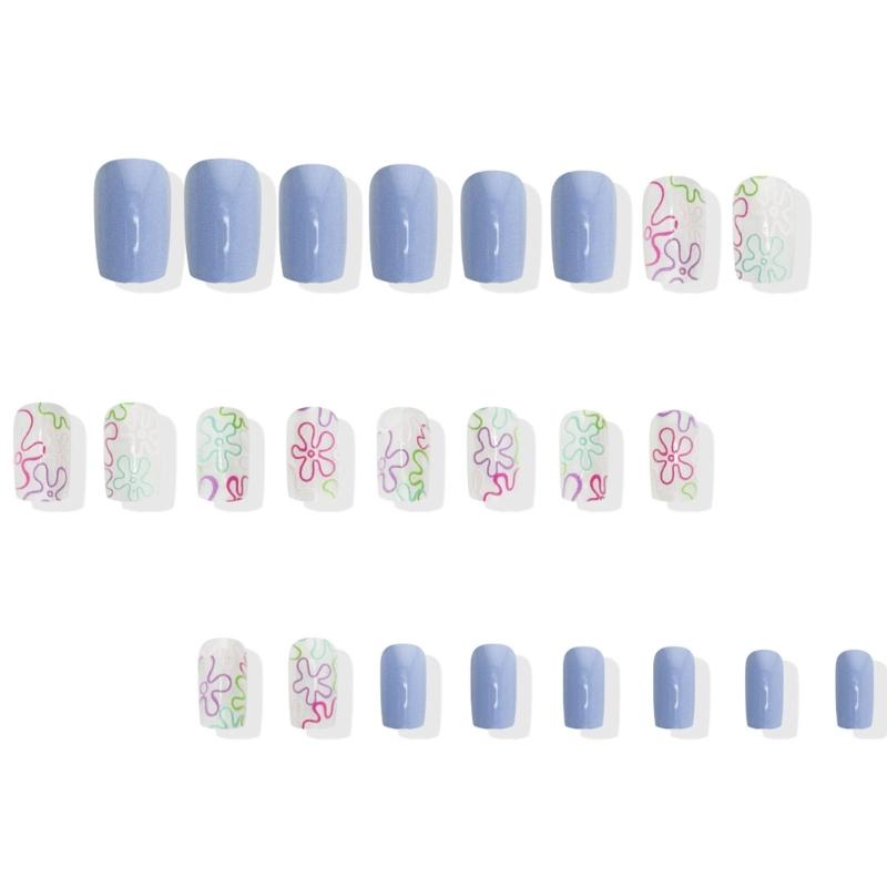 Unghii pătrate presate cu flori, unghii false adezive în 12 mărimi, 24 buc. tipsuri unghii french pentru decorațiuni nail art DIY