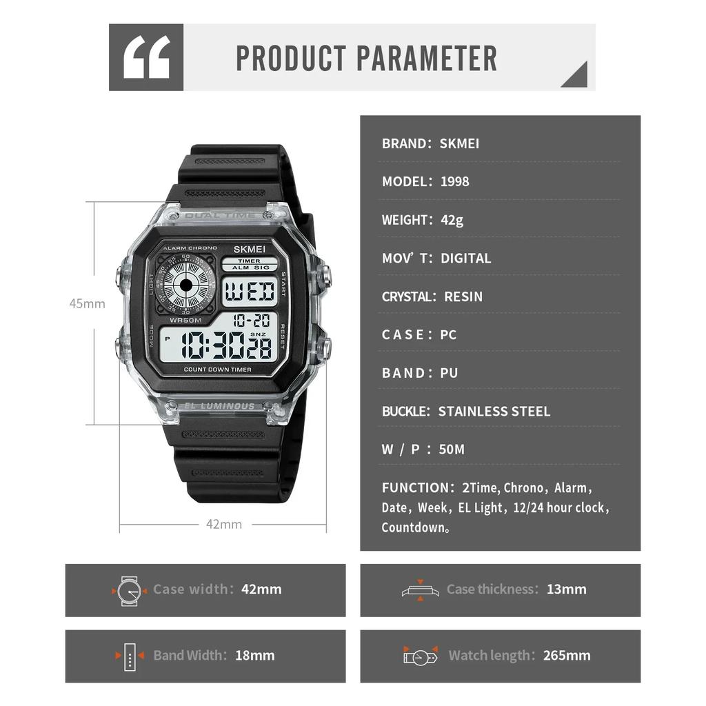 SKMEI 1998 Clock reloj hombre Japan Digital Movement Countdown Sport Watch Mens Multifunction 5Bar Waterproof Chrono Wristwatch