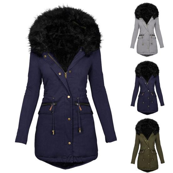 Damen Winter Langarm Kunstfell Kapuze Mittellang Warmer Mantel Parka Schnee Oberbekleidung