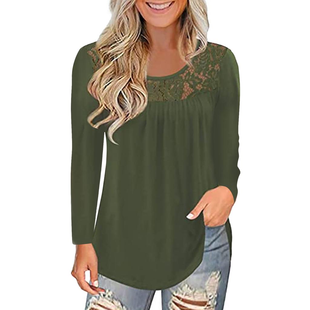 Women Fashion Lace Solid Splicing O-Neck Long Sleeve T-Shirt Blouse Tops