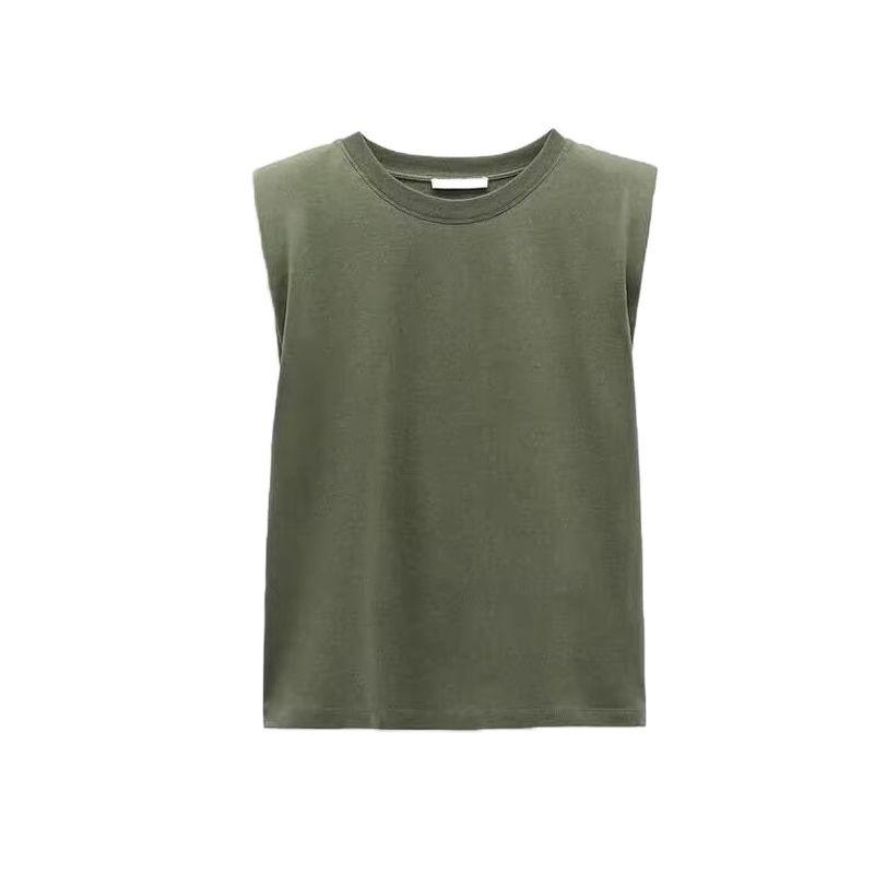 Spring New Women's Clothing Fashion Trendy Cool Easiest for Match Round Neck Sleeveless Padded Shoulder Decorative T-shirt 0858030 0858034