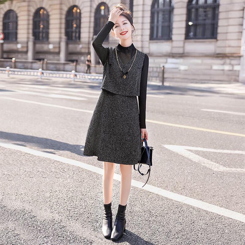 Sibaishe Women's Autumn Fake Two-Piece Midi Dress