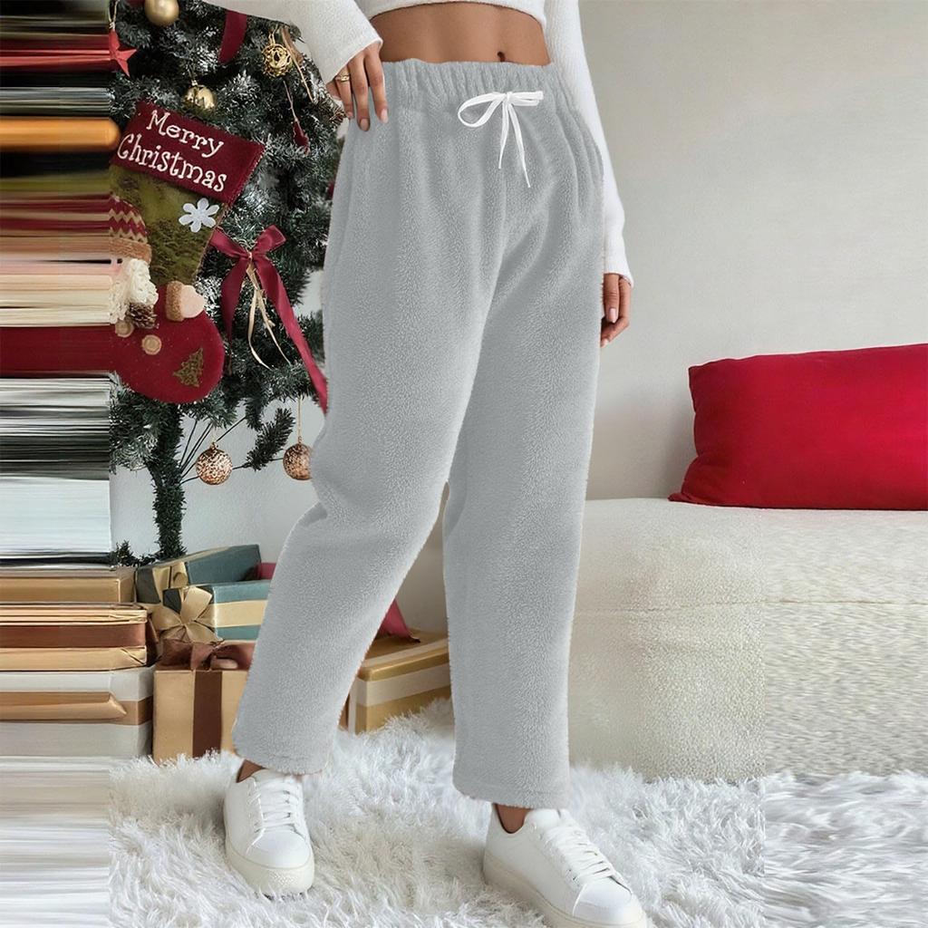 Womens Plush Pajamas Pants Fall Winter Fashion Warm Fleece Sweatpant Drawstring Elastic Waist Home Trouser