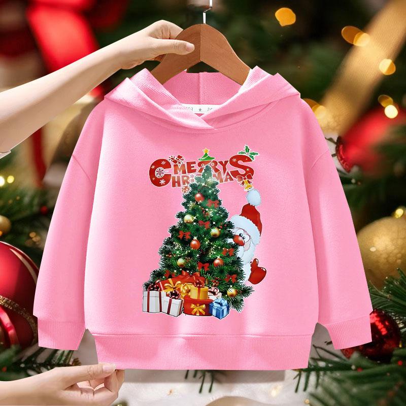 Children's Red Santa Claus Pattern Printed Hoodie for Girls Comfortable Outdoor Autumn/Winter Fashion Long Sleeve Hoodie