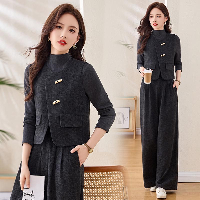 Spring 2025 Women's Fashion Suit: Three-Piece Temperament Vest with High Waist Wide-Leg Pants (ME5501)