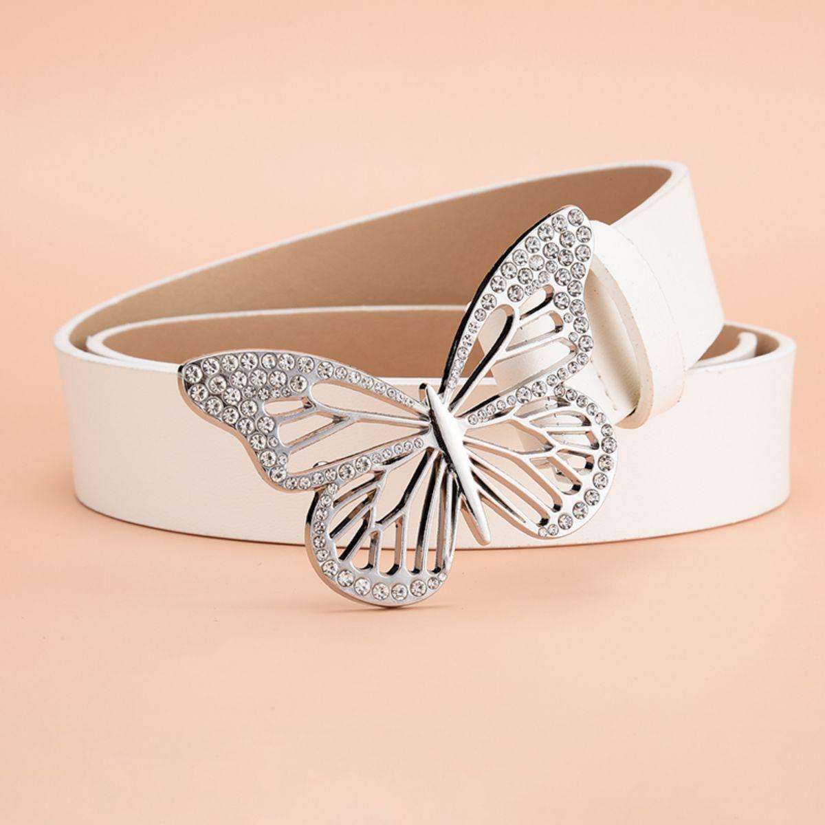 Damesriem Mode Vlindergesp Riem Hoge Kwaliteit PU Riem Gecombineerd met Jeans Rok Riem Goedkope Riem, Cadeau voor Vriendin en Moeder 105cm wit
