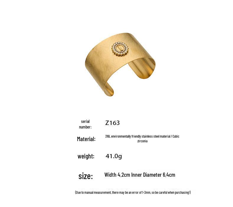 18K Gold-Plated Sand Finish Wide Cross Open Bangle with Full Diamond Design.