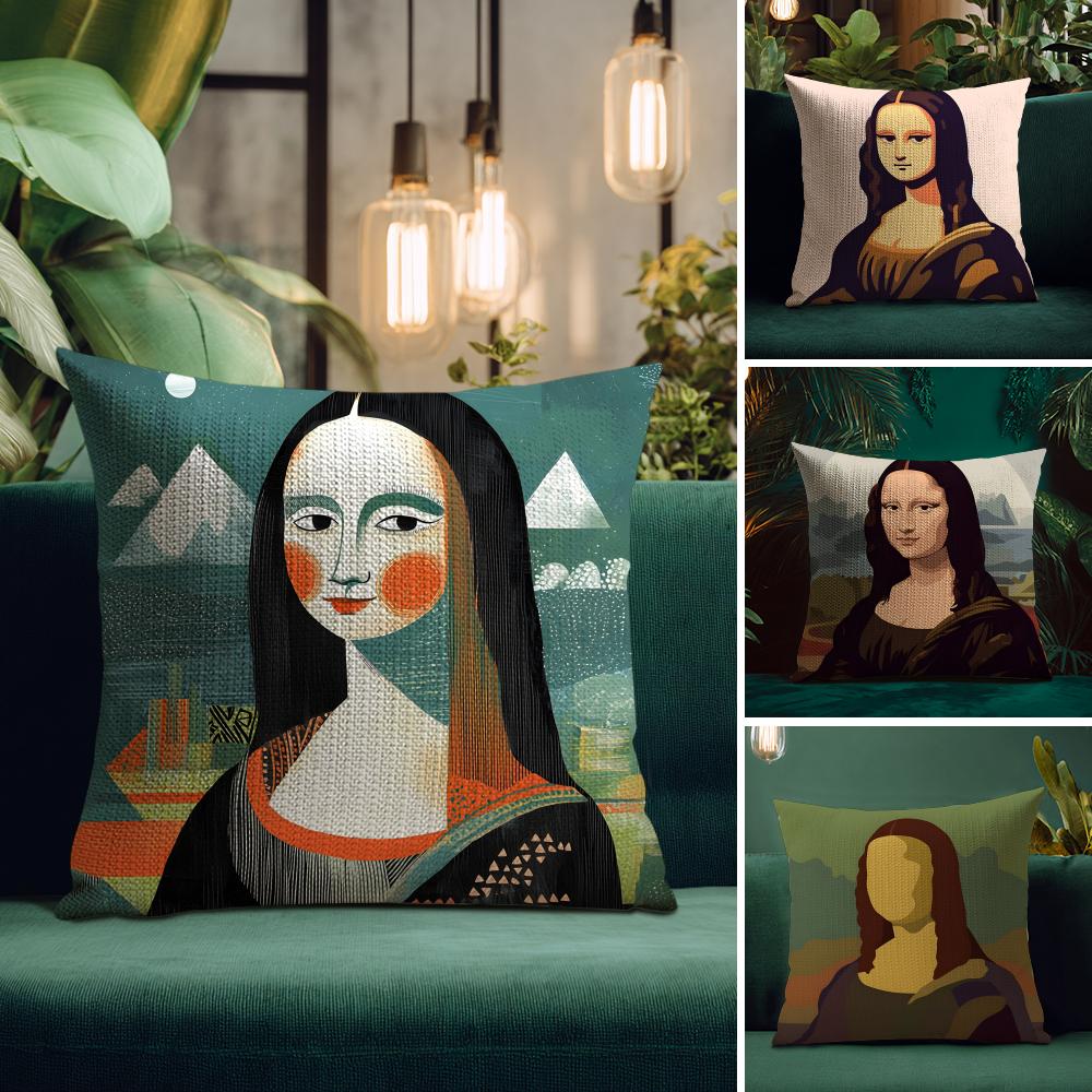 Mona Lisa Art Cushion Cover Natural Linen Pillow Case DoubleSided Print Decorative Sofa Pillowcase Home Decor Gift