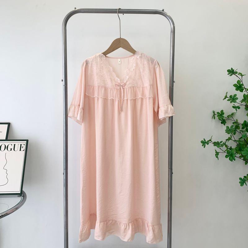 Nightdress Women's Summer Thin Tencel Cotton Nightdress Short Sleeve Cute Lace Large-Sized Skirt Real Silk Cotton Dress Fancy