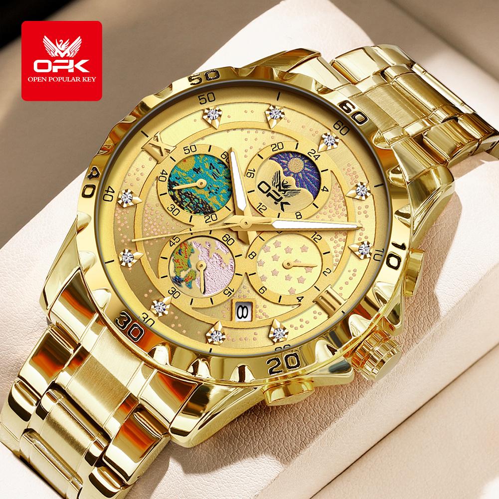 OPK 8175 Men's Business Watches Chronograph Waterproof 24 Hour Moon Phase Auto Date Man Wristwatch Original Quartz Watch For Man