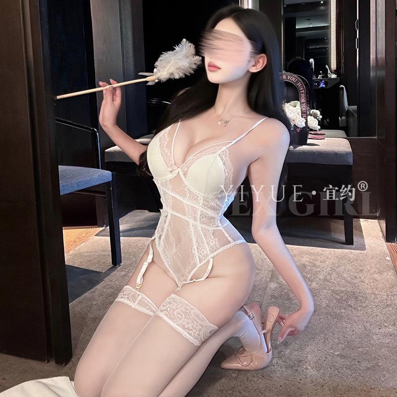 Erotic Underwear Pure Sensual Jumpsuit with Chest cushion Lace Seductive Pajamas See-through Open-crotch Uniform 1175