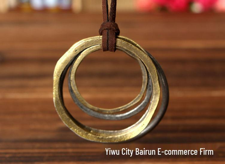 Alloy Two-Circle Pendant Necklace with Genuine Leather Cowhide Cord