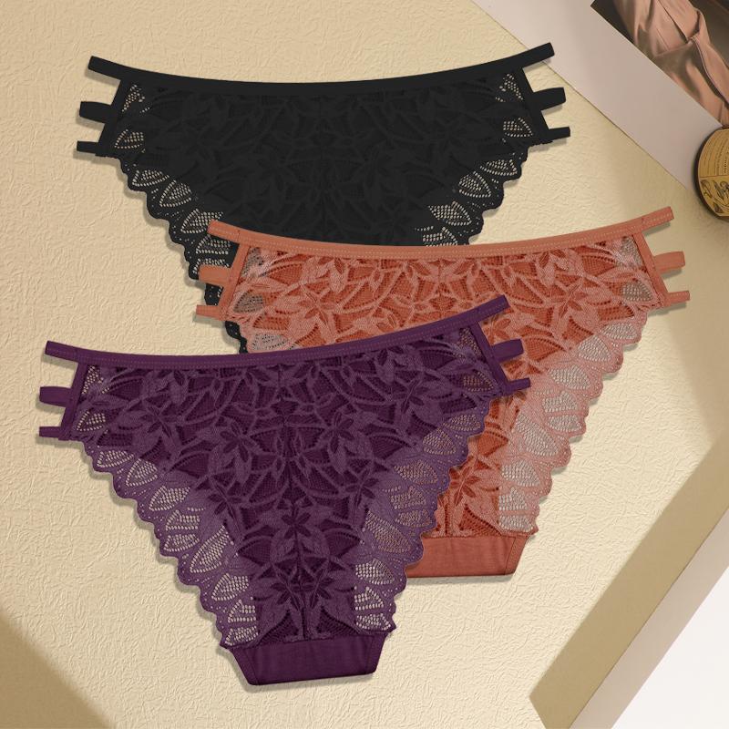 3Pcs Women's Three Belts Underwear Sexy Lace Hollow Out Panties Female Low-Waist Breathable Briefs Stretch Soft Lingerie