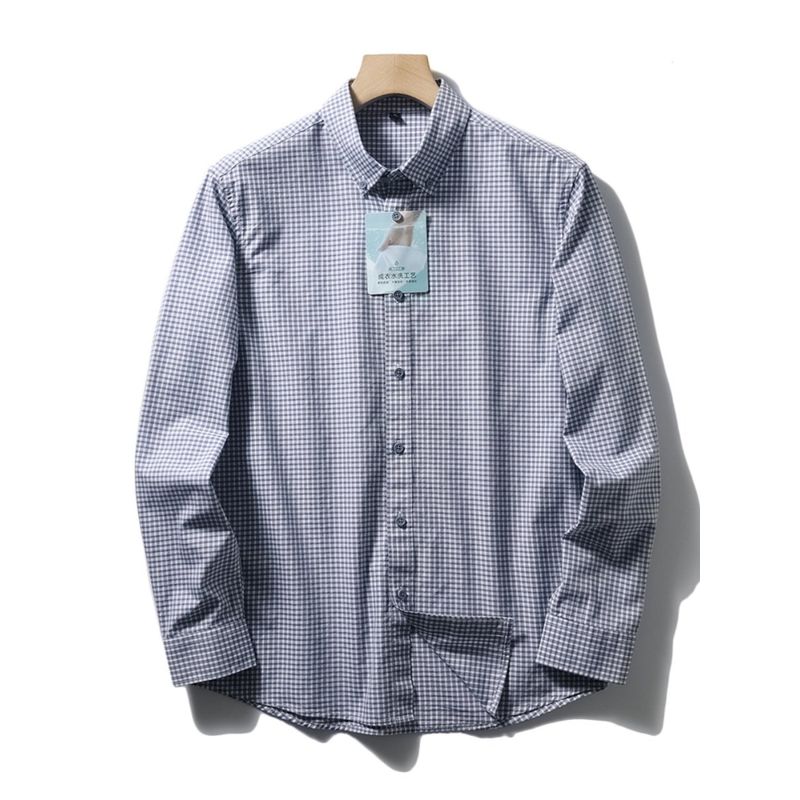 Japanese-Style Retro Pure Cotton Blue Small Plaid Shirt Men's Spring & Fall Long Sleeve Inner Wear Export Cattle Goods Cotton Non-Ironing Shirt