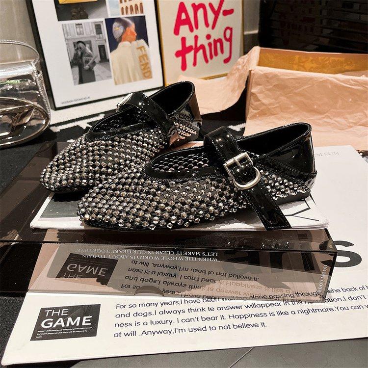 

Soft leather version~ European rhinestones full of diamonds fishing nets hollowed out one word Mary Jane bag head flat sole single shoes bag head san 35 чёрный