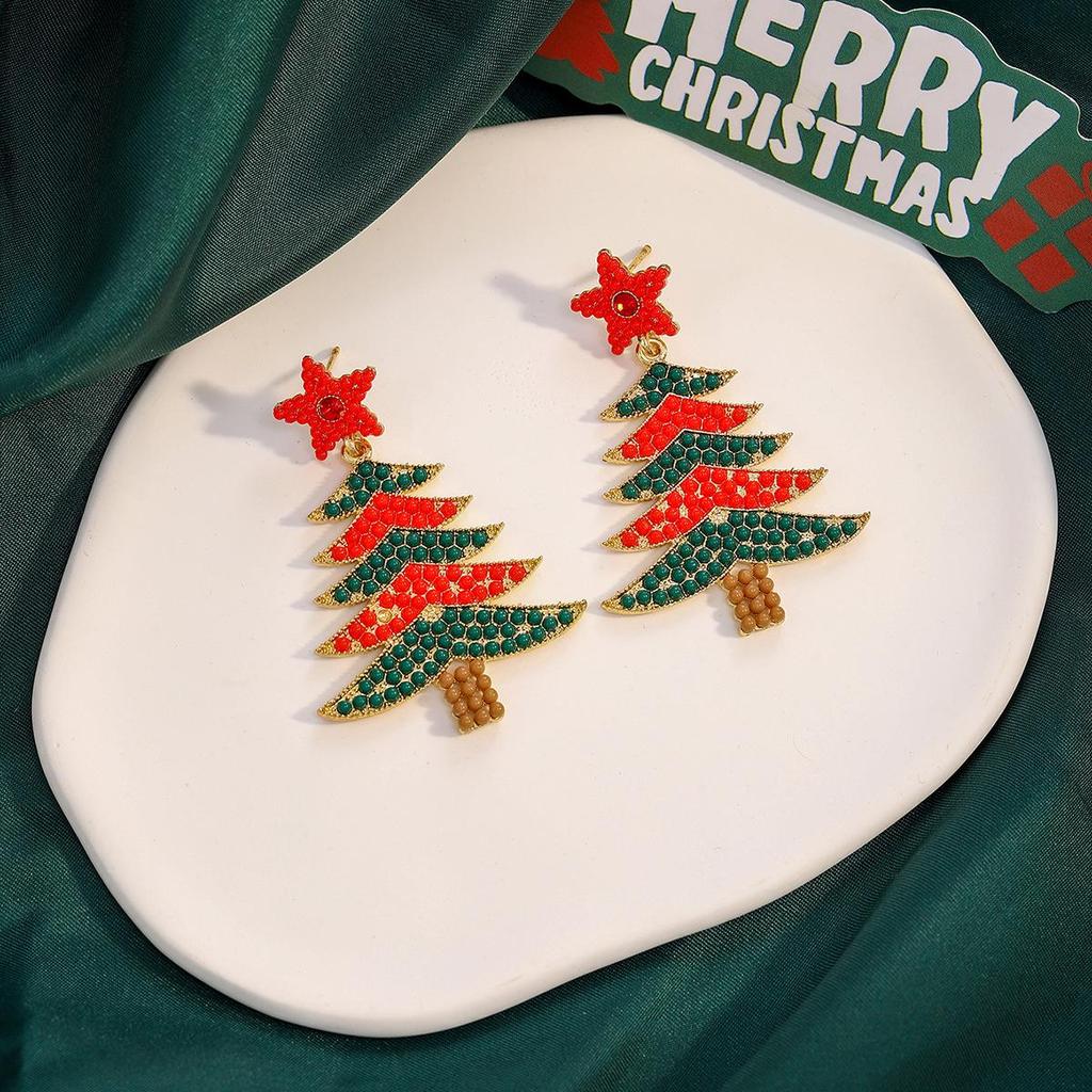 Red Green Star Diamond Christmas Tree Earrings for Women: Creative Color Blocking Drip Oil Design