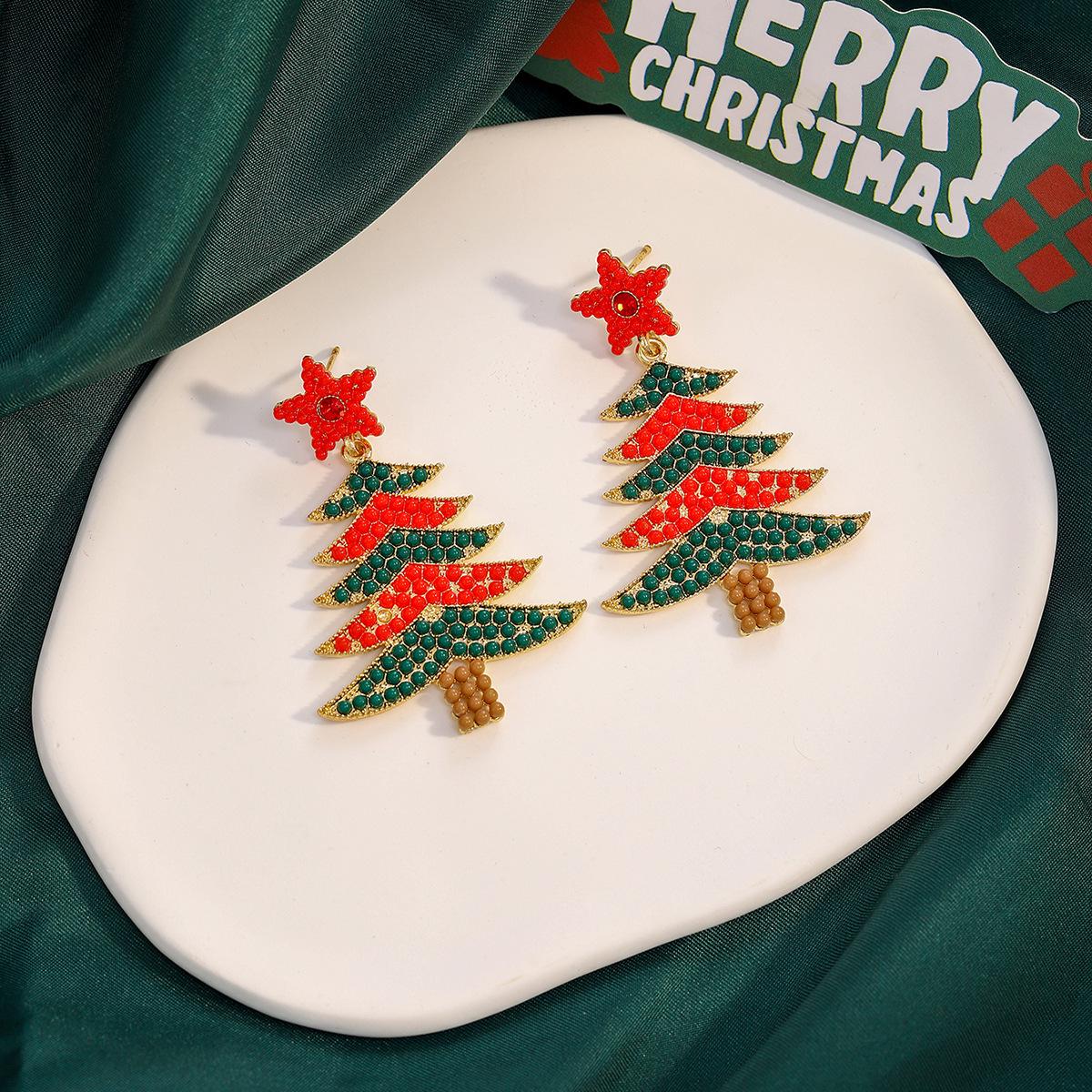 

Red Green Star Diamond Christmas Tree Earrings for Women: Creative Color Blocking Drip Oil Design