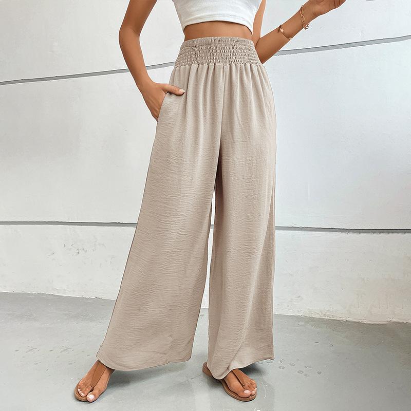 Summer High-waisted, Casual, Simple Solid-color Loose-fitting Wide-leg Pants with Elastic Waists