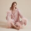 Women's Ice Silk Autumn Pajama Set with Detachable Feather Accents, Long Sleeve and Pants, French High-End Pure Desire Style
