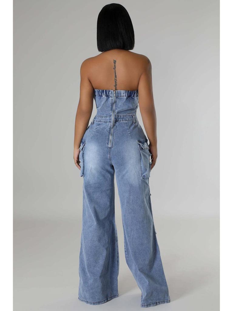 Europeisk og amerikansk avslappet stroppeløs slim-fit denimjumpsuit for kvinner