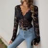 Women's Elegant Solid Color Long Sleeve Lace Sexy Bodysuit,  Popular European & American Style Jumpsuit for Spring Autumn