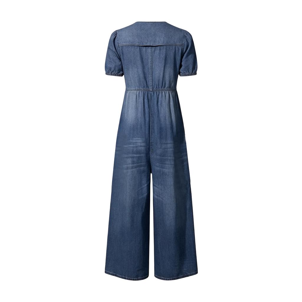 Tuta Corta in Denim Casual da Donna con Scollo a V e Vestibilità Larga