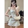 Summer Sweet Traces Temperament Thin Girl Dress Pure Desire New French Square Neck Floral Waist Skirt