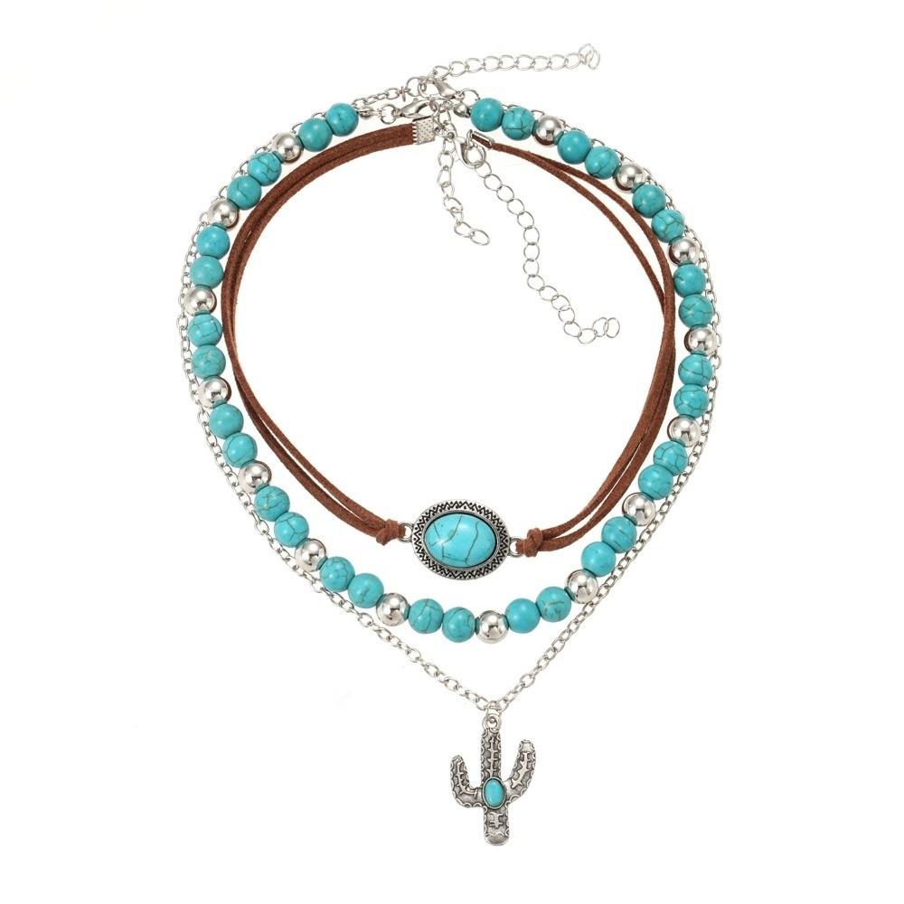 Western Beaded Layered Necklace Bohemian Clavicle Chain Turquoise Beads Pendant Necklaces Gifts