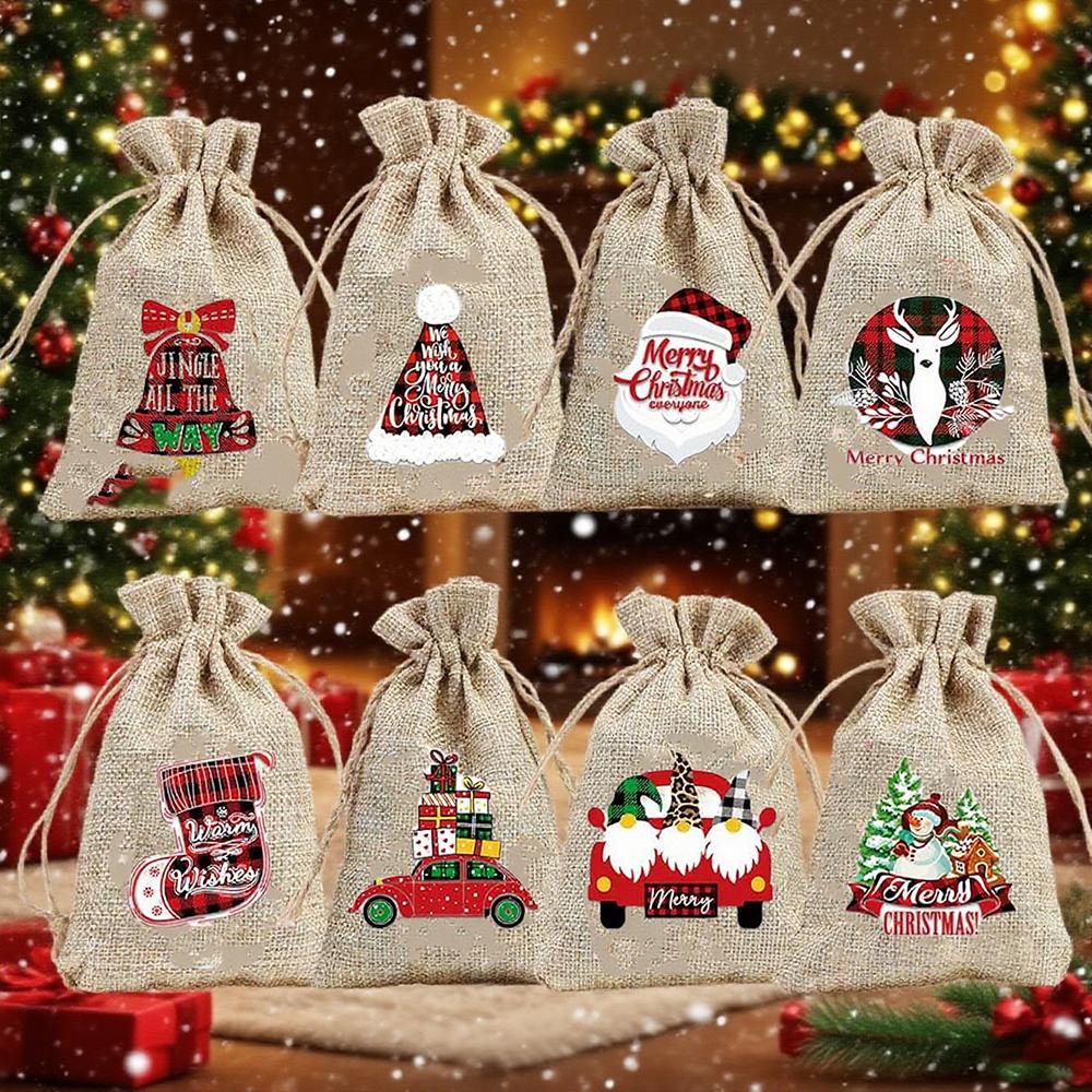 8Psc Christmas Burlap Goody Bags Drawstring Gift Bag Elk Santa Claus Xmas Party Decoration Supplies Christmas Stocking Favors