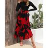 Frühling Langarm Elegant Slim Damen Freizeitkleid Mode Herbst Gespleißter Druck Vintage Lange Kleider Damen Hohe Taille A-Linie Sexy Partykleid 25943