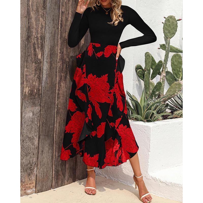 Rochie Casual Elegantă Slim cu Mâneci Lungi de Primăvară pentru Femei, Modă Toamnă, Imprimeu Îmbinat, Rochii Lungi Vintage pentru Femei, Talie Înaltă, Linie A, Rochie Sexy de Petrecere 25943