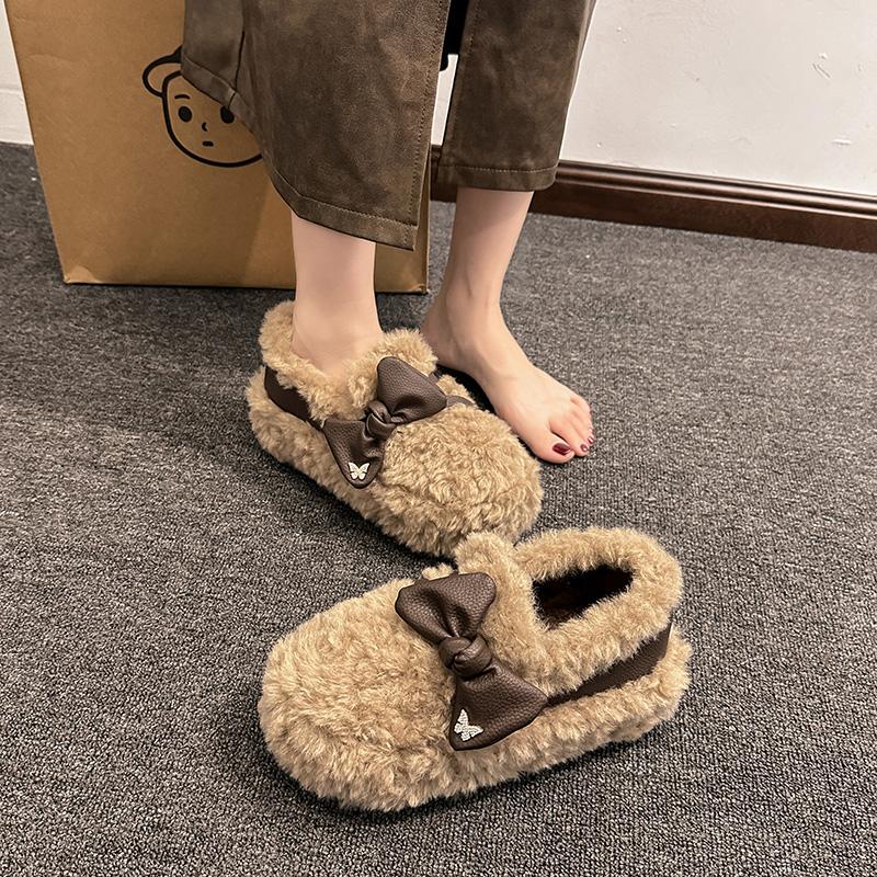 Fashion Women's Thick Flat Shoes Winter New Round Head Deep Mouth Suede Butterfly Knot Anti-slip Wear-resistant Cotton Shoes