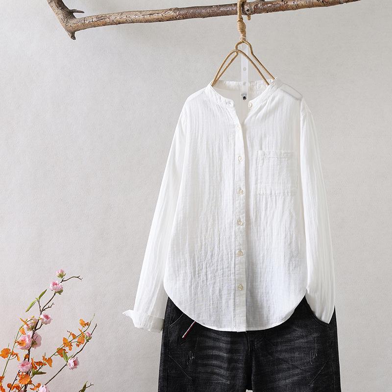 Women's Stand Collar Pure Cotton Shirt - Loose Double Layer Cotton Gauze