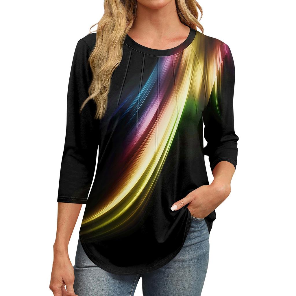 Omen's Fashionable Round Neck 3/4 Sleeve Printed Casual Basic Pleated Pullover T-shirt Top