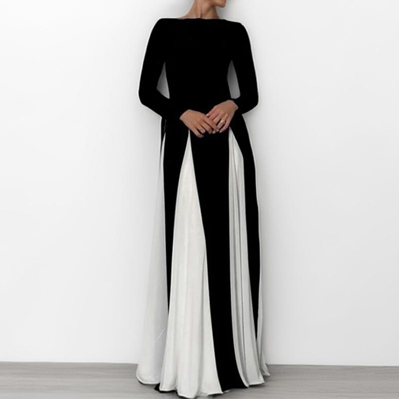 Women's Black White Color Block Maxi Dress Spaghetti Strap Sleeveless Fit and Flare Elegant Long Dress