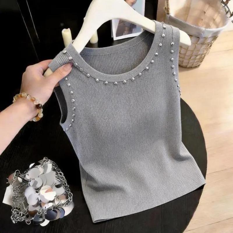 gray crew neck sleeveless ribbed knit tank top with studded detail for women S