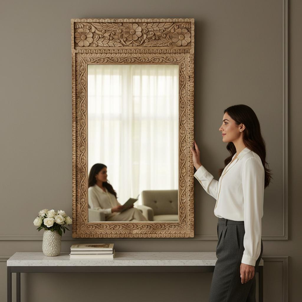 Wooden Carved Wall Mirror Decor-Bedroom Mirror Home Decor Wall-Carved Wooden Wall Mirror with Floral Design-Floral Frame Glass Mirror