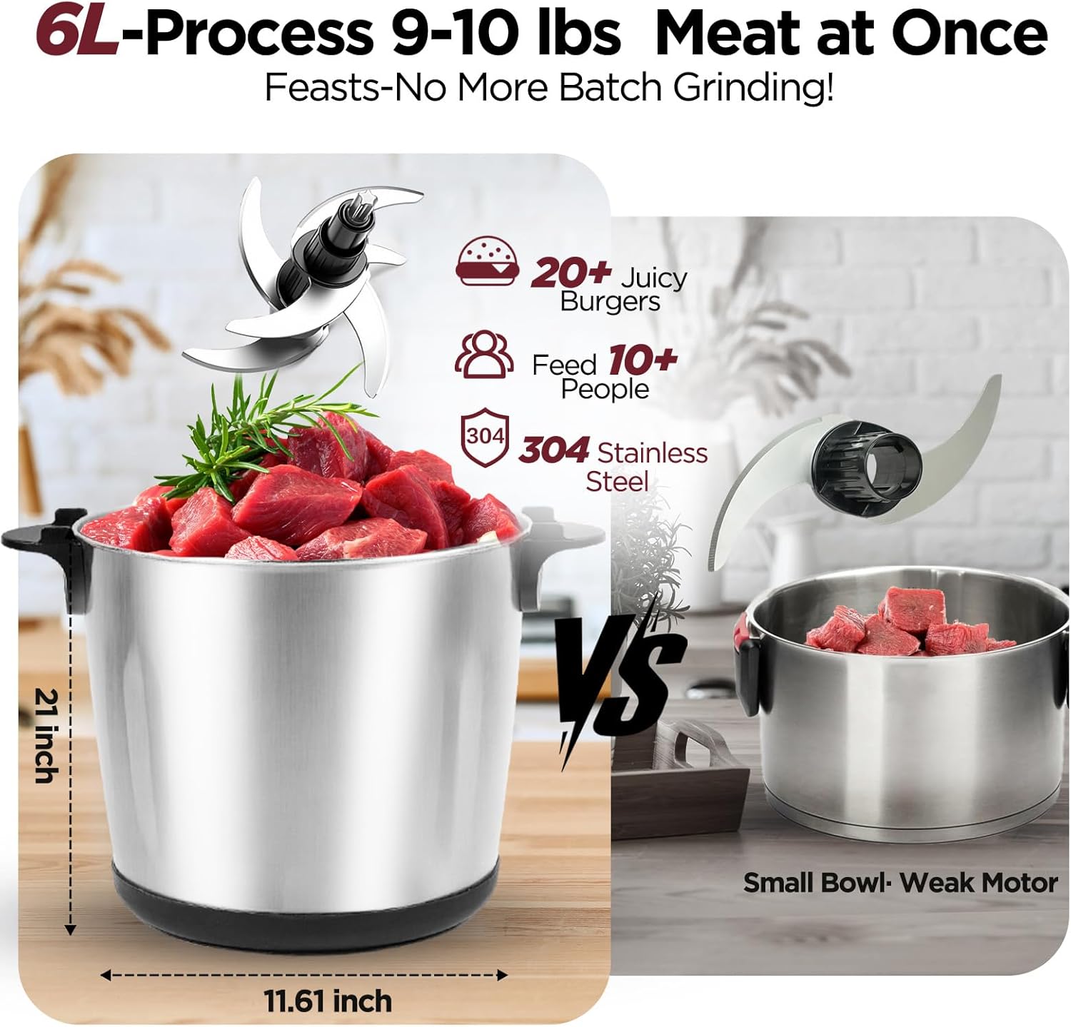 

1200W Electric Food Processor, 6L Stainless Steel Meat Grinder with 4 Blades & 2 Speeds for Home Use United States