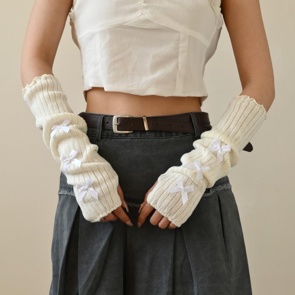 Bow Star Long Wrist Gloves Knitted Fingerless Gloves Trendy Warm Arm Sleeve  JK Accessories
