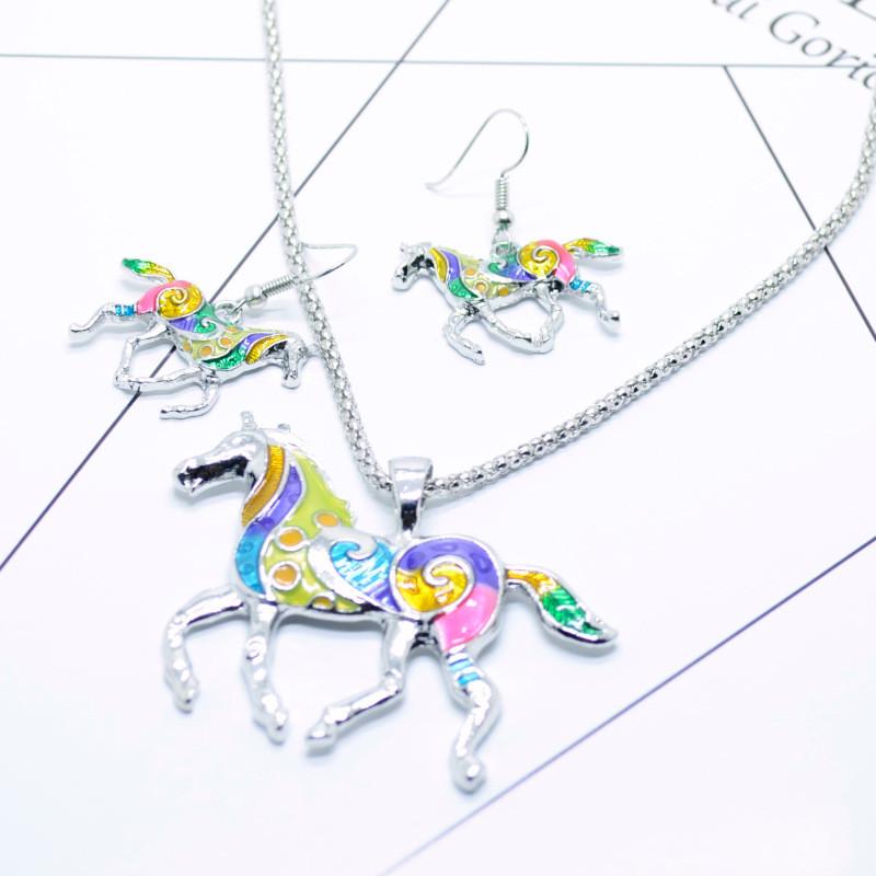 Ensemble Collier Boucles d'oreilles Pendentif Poney Arc-en-ciel Tendance avec Design Dégradé Coloré