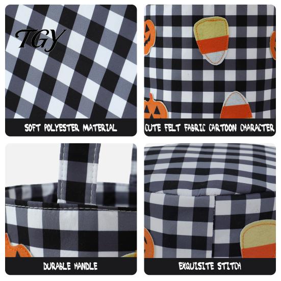 Reusable Candy Totes Halloween Bucket, Trick or Treat Basket for Kids Boys Girls, Plaid Pumpkin Autumn Scene Accessories Bat Ghost Tote Bag