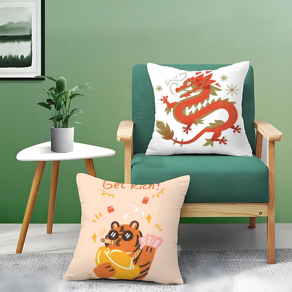 Cartoon Of Oriental Dragon Illustration Pillow Case Double-Sided Plush Sofa Cushion Covers Organic Breathable Invisible Zipper