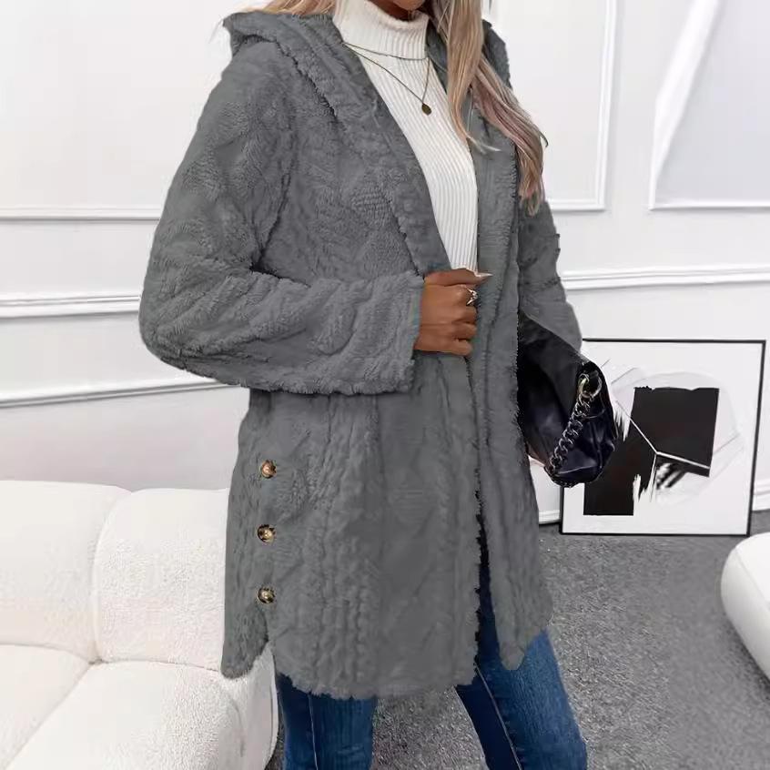 Autumn Winter Hooded Solid Color Cardigan with Button Long Sleeve Casual Coat