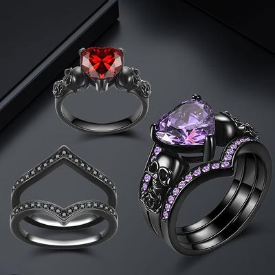 2pcs Gothic Style Stacking Ring Inlaid Zircon Horror Skull Design On The Band Multi Colors To Choose Perfect Halloween Decor
